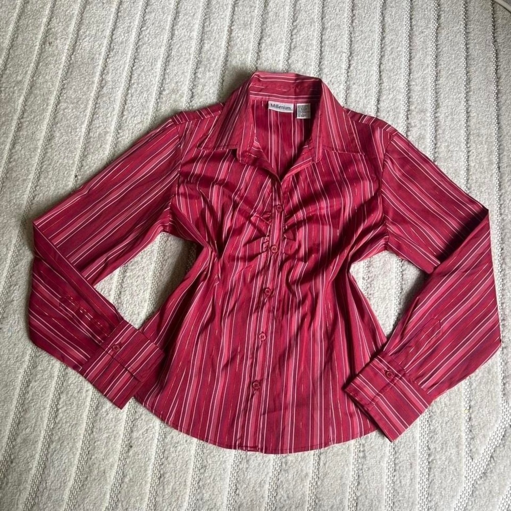 VTG y2k Millenim Red striped button-up blouse size Large Preppy Chic Punk